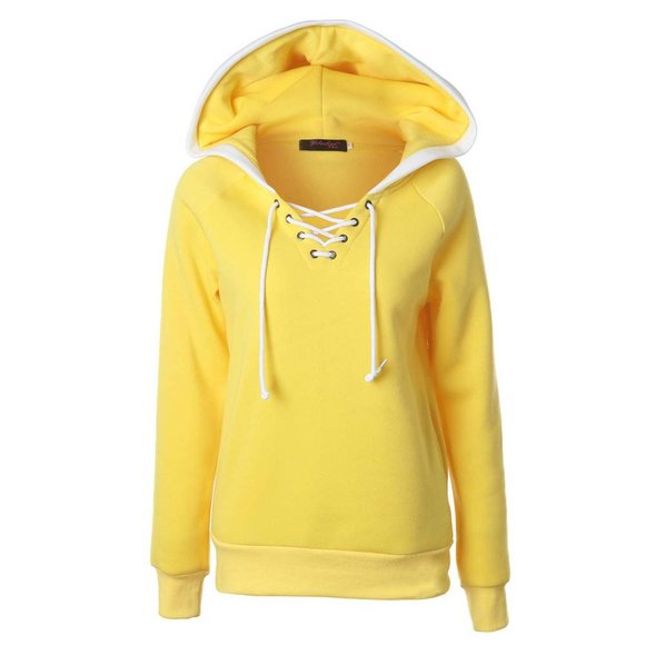 Bright Yellow Hoodie Sweatshirt Sweater Lace Up V Neck Hooded Drawstring Pockets - Picture 1 of 10